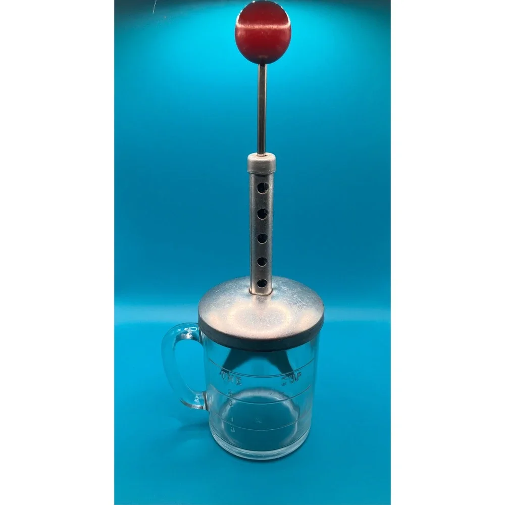Hazel-Atlas Vintage Hand Mixer 1 Cup Glass Measuring Jar Red Knob Manual Beater